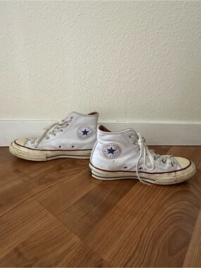 Converse White High Top Sneakers with Blue Star and Red Accents